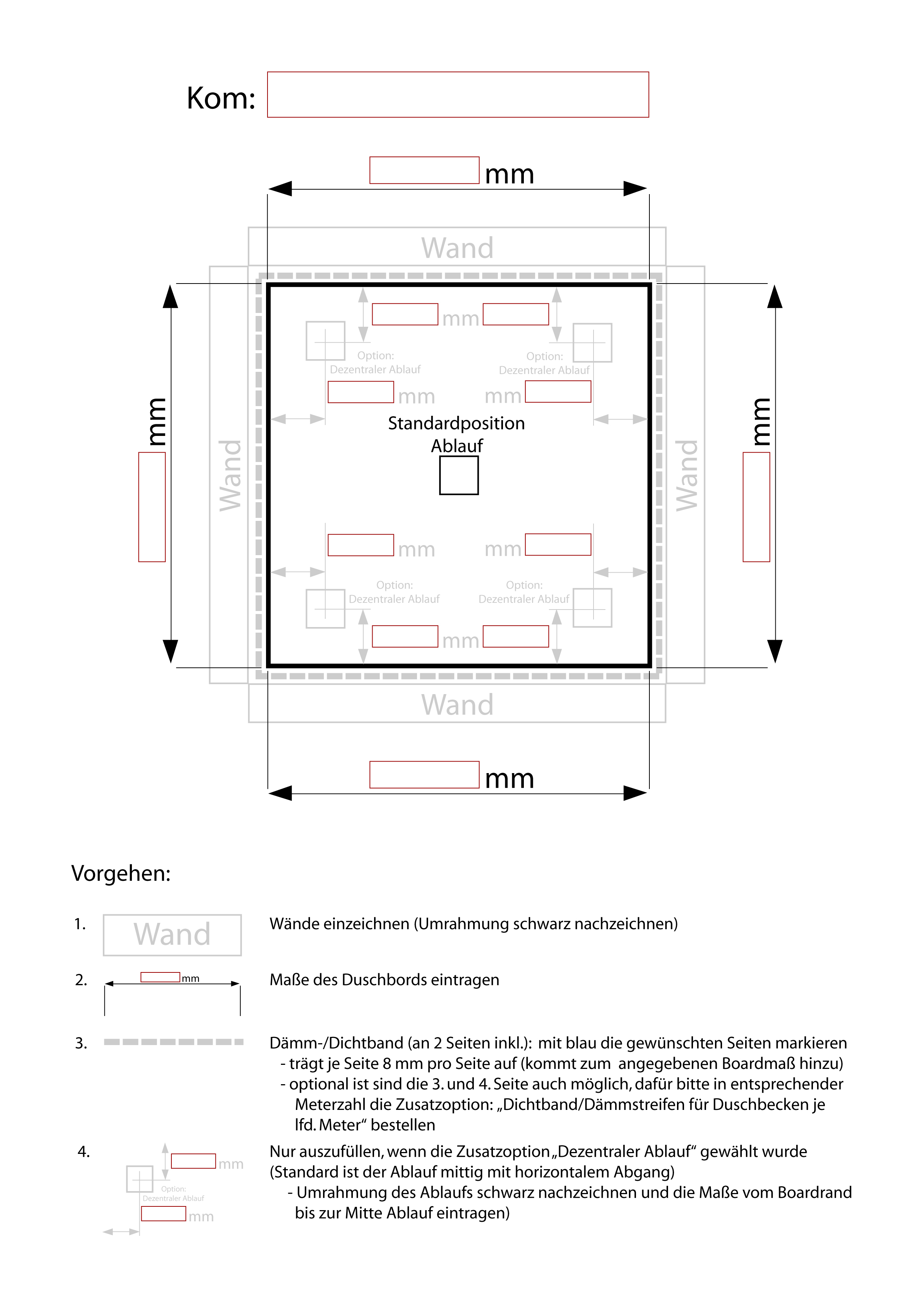 aufmass-massblatt-duschelement-massanfertigung-duschelement-nach mass-duschtasse-duschwanne befliesbares Bodenelement - individuell nach Ihren Maßangaben mit quadratischem Rost