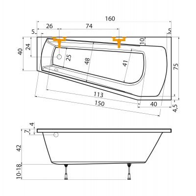Badewanne 160x75 HARMONY - Acryl ASYMETRISCH R