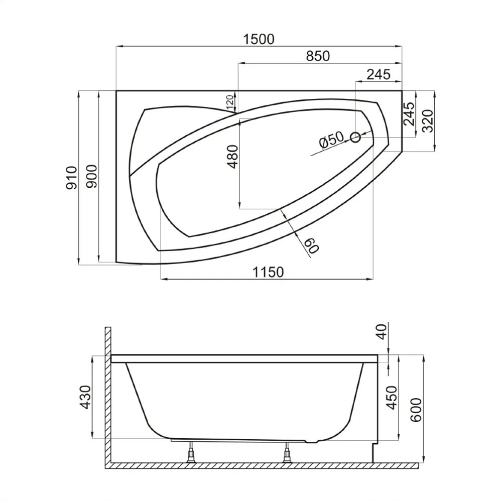 Eckbadewanne asymmetrisch, Raumsparwanne modern und stilvoll, Badewanne mit Sitz über Eck