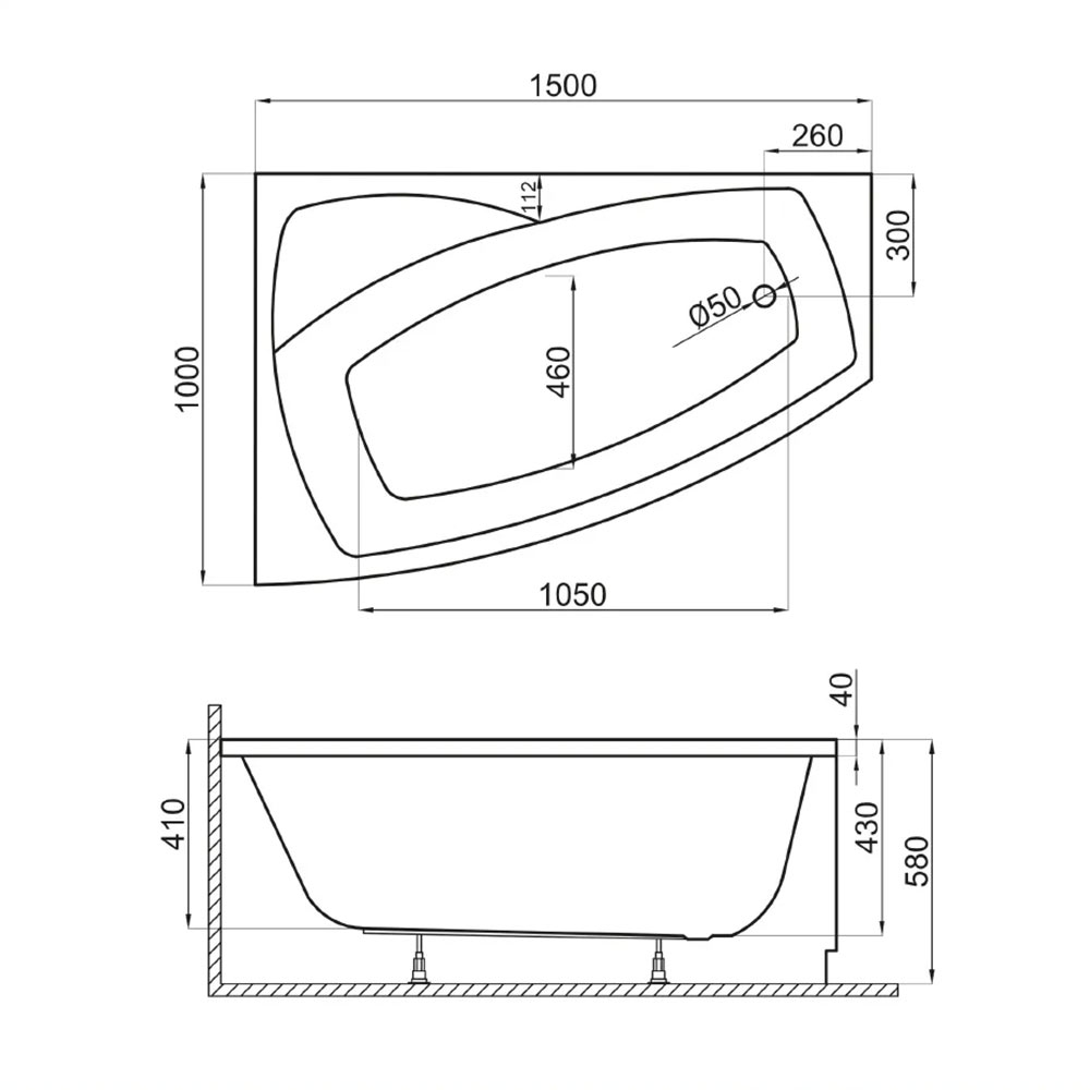 Badewanne in verschiedenen Größen, 140, 150, 160 cm und unterschiedlichen Breiten, asymetrische Raumsparwanne
