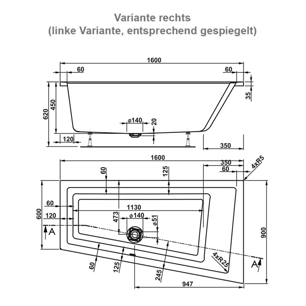 schräge Badewanne für kleines Bad, Raumsparwanne 160x90cm rechts, Trapezwanne