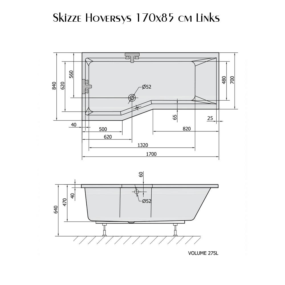 Skizze der Badewanne 170x85 HOVERSYS - Acryl Raumsparwanne L
