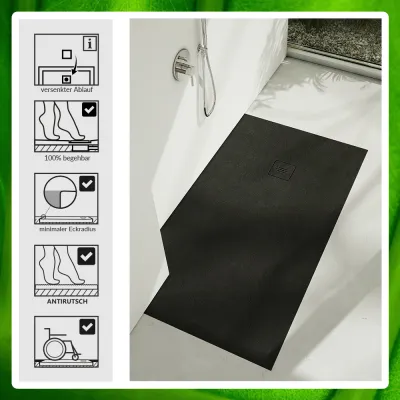bodengleiche Mineral Polymer Duschwanne 100x80 cm SCHWARZ mit Ausklinkung