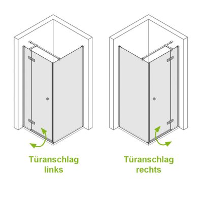 Moderne Eckdusche aus Glas, Duschkabine mit Pendeltür, verschiedene Größen, Skizze