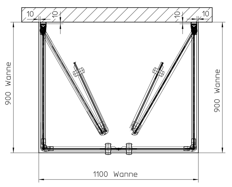 Klappmechanismus der Dusche vor Fenster auf Maß bis 90x110x220, ESG 6 mm