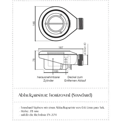 Ablauf der Duschwanne Mineralguss Silex, Optik: Schiefer