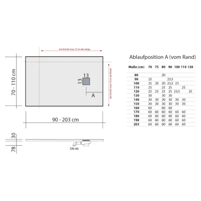 Skizze der Duschwanne Mineralguss Silex, Optik: Schiefer