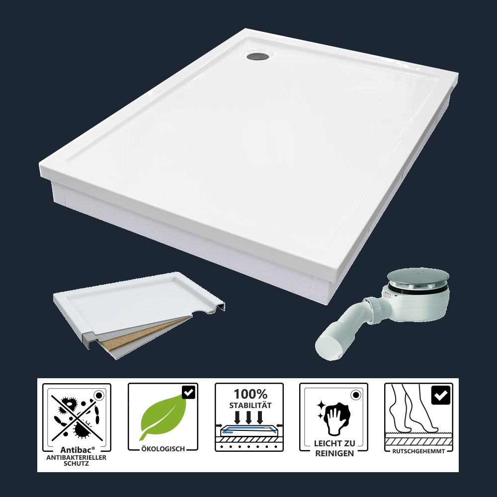Komplettset Duschwanne weiß + Wannenträger + Siphon
