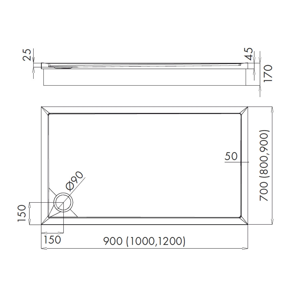 Skizze der größeren Duschwannen vom Komplettset Duschwanne weiß + Wannenträger + Siphon