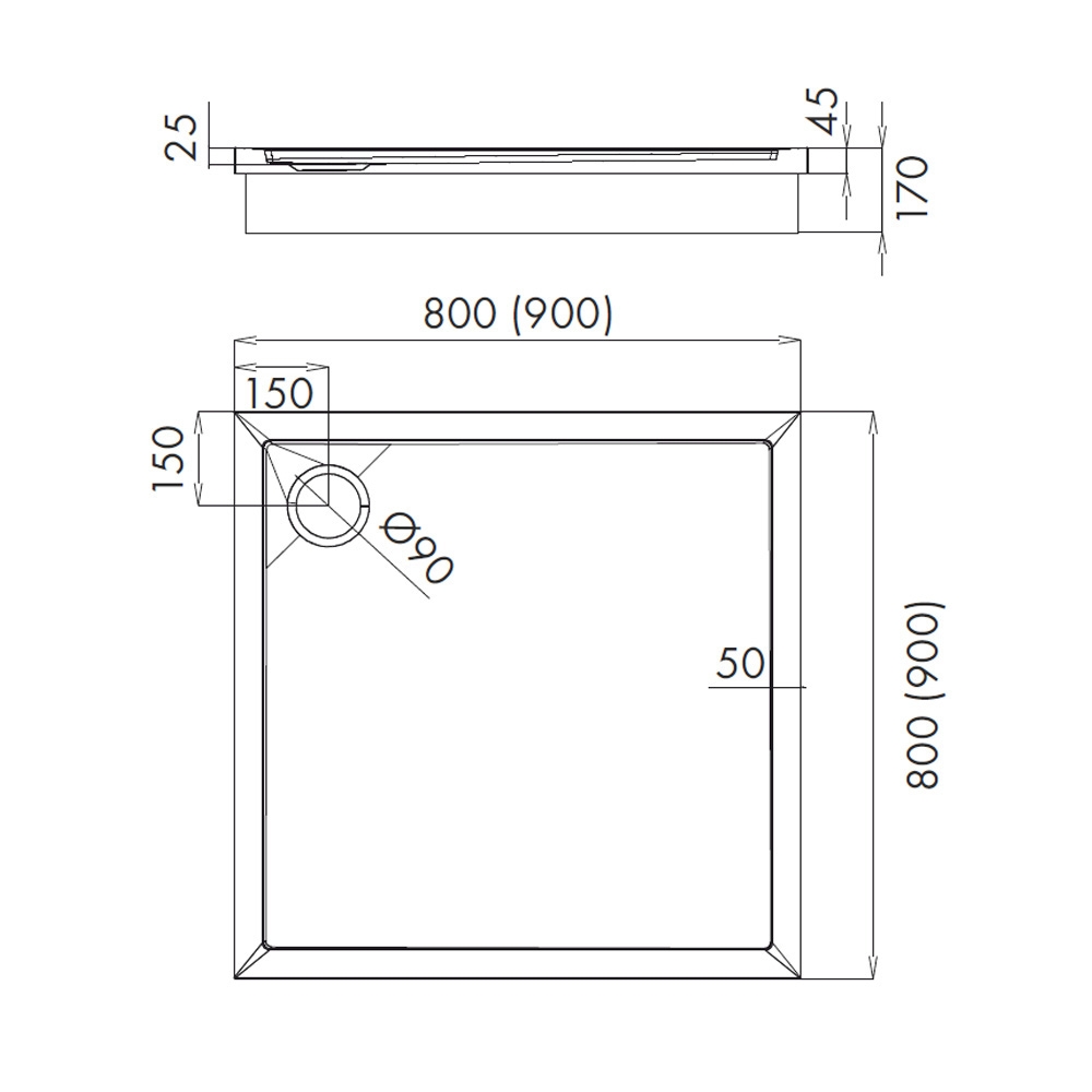 Skizze der kleineren Duschwannen vom Komplettset Duschwanne weiß + Wannenträger + Siphon