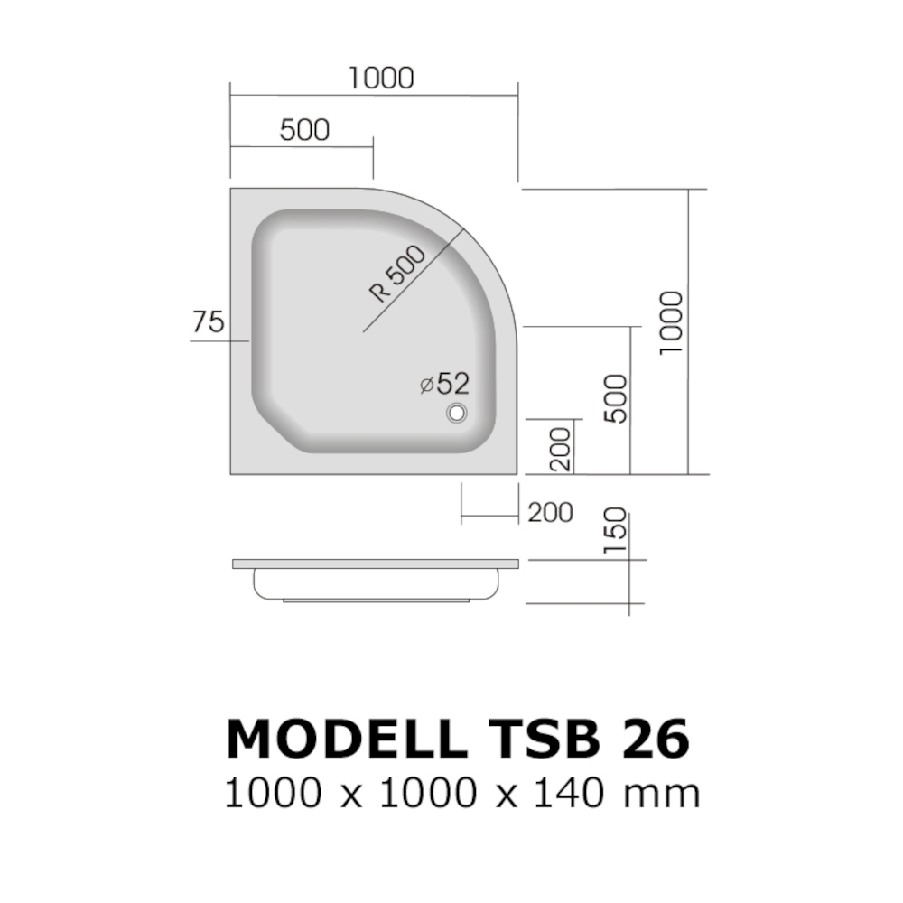 Skizze der Duschwanne Viertelkreis 100x100 R 50 cm, H 14, tsb026
