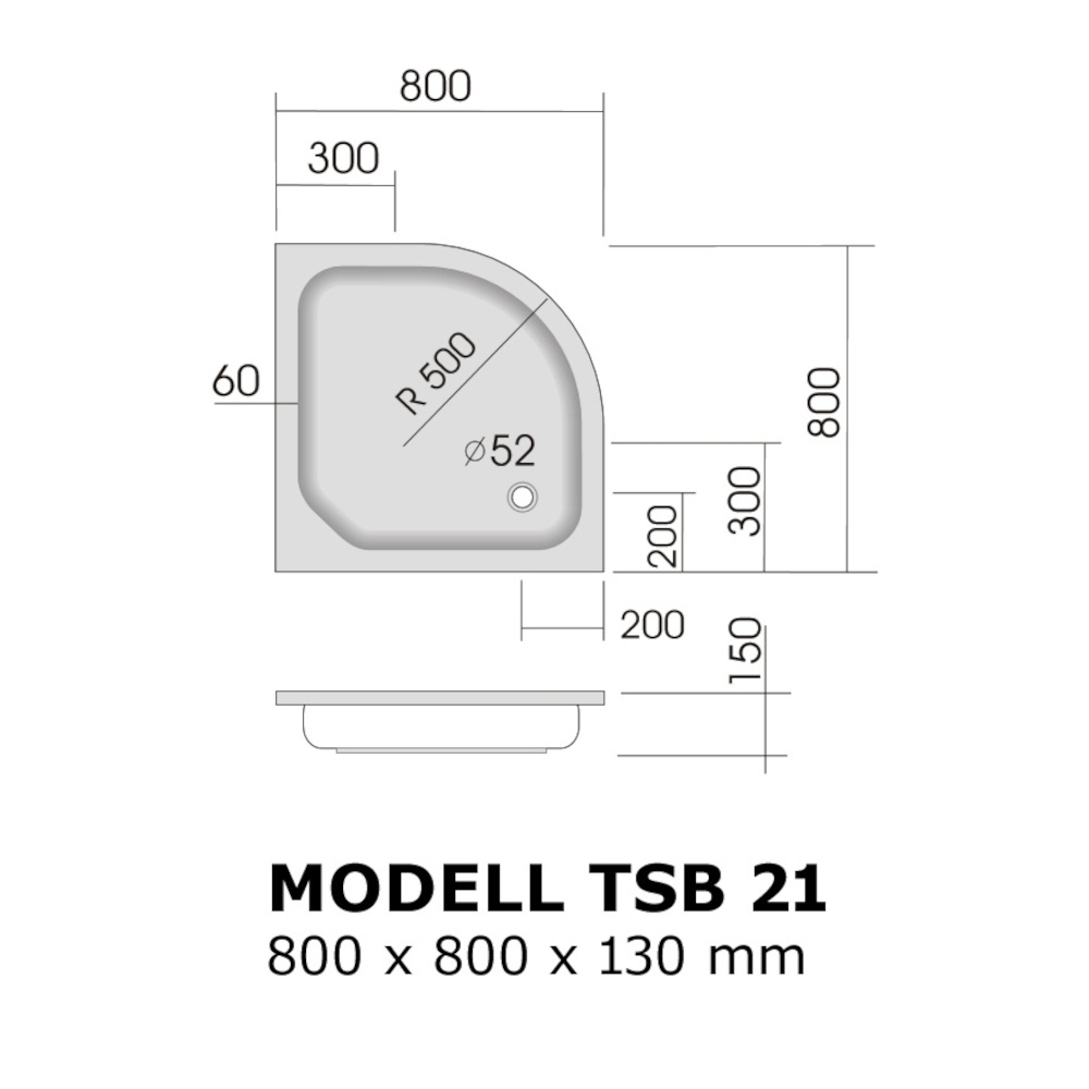 Skizze der Duschwanne Viertelkreis 80x80 R 50 cm, H 13, tsb021