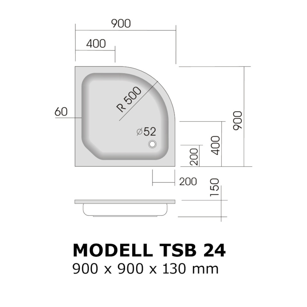 Skizze der Duschwanne Viertelkreis 90x90 cm, tief, R50