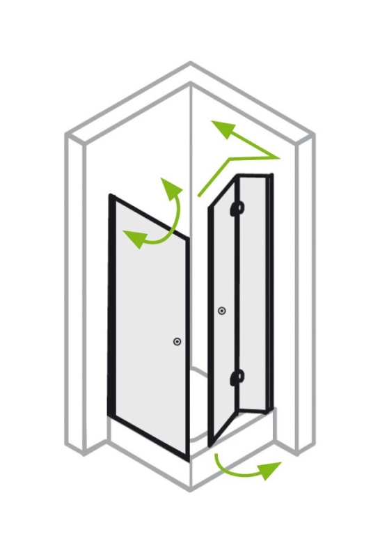 Piktogramm der Eckdusche in Maßanfertigung, Typ 5005251, Pendeltür & Dreh-Falt-Tür, Alu Silber