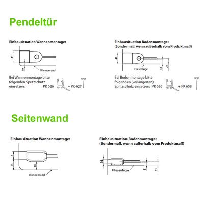 Skizze Einbausituation - Duschkabine aus Glas mit Seitenwand - mit Dreh- / Falttür