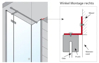 Montagewinkel für Duschwandmontage an einem Mauervorsprung
