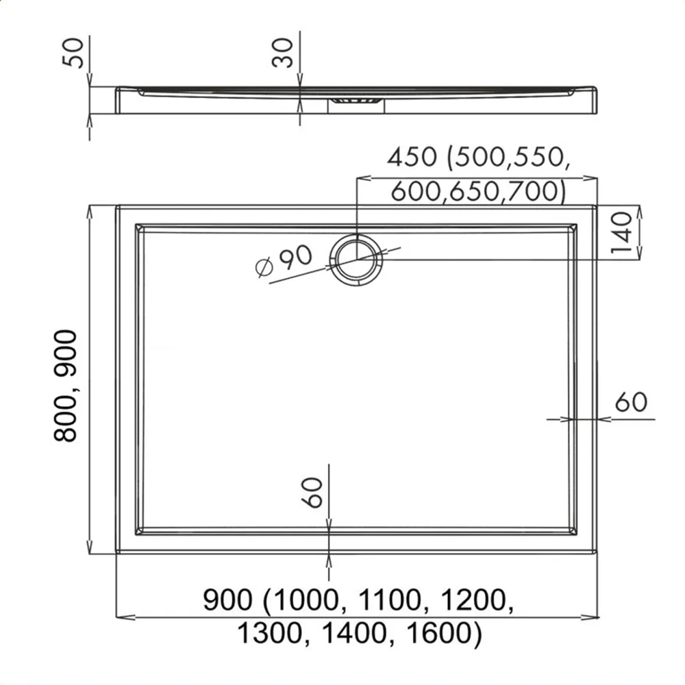 Skizze unzerbrechliche flache Duschwanne 100 x 90 cm, aus Verbundwerkstoff