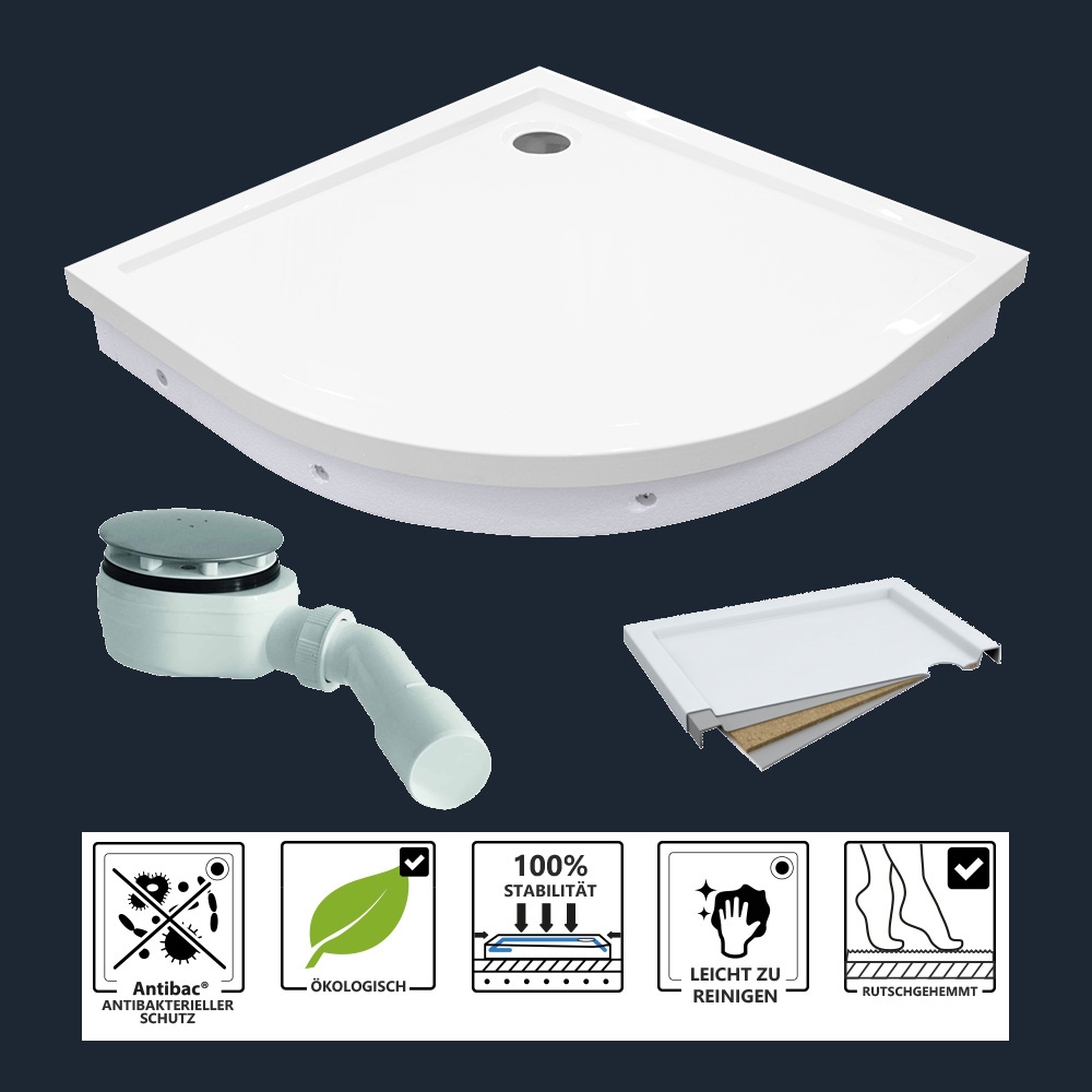 Viertelkreis Eckdusche, Duschwanne mit Wannenträger und Siphon, Komplettset - Runddusche 80x80, 90x90, 100x100
