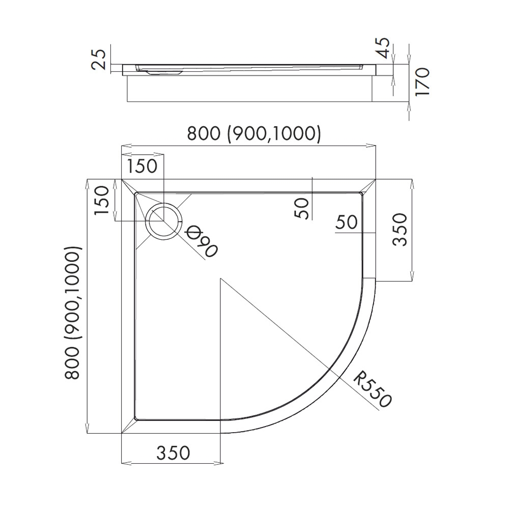 Komplettset Duschwanne Viertelkreis + Wannenträger + Siphon, Runddusche Eckdusche, Viertelkreis 80x80, 90x90, 100x100