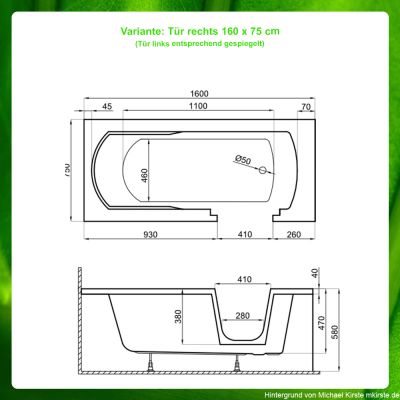 Badewannen mit Tür 160 x 75 cm -  finden Sie bei IHR-BAD.INFO
