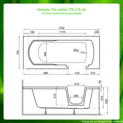 Badewannen mit Tür 170 x 75 cm -  finden Sie bei IHR-BAD.INFO