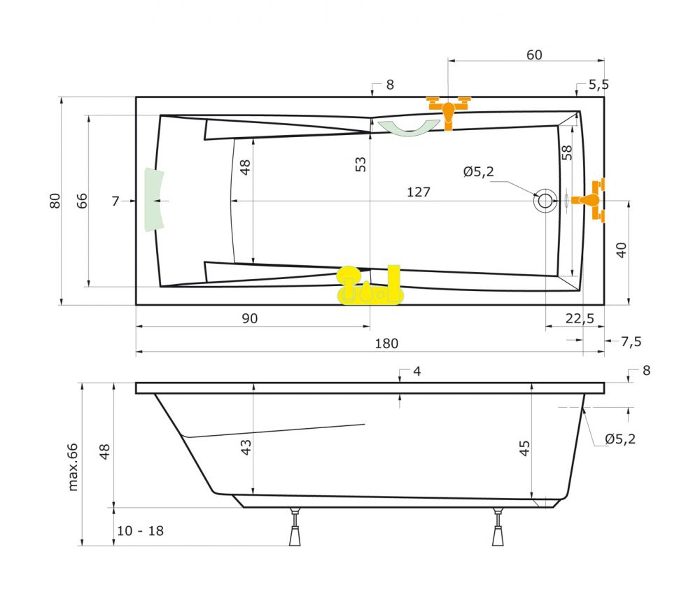 Badewanne + Träger + Excentergarnitur, 180x80 Komplett Set - COLUMBA