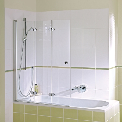 Badewannenfaltwand 3-teilig, Echtglas, Badewannenaufsatz als Spritzschutz, Duschabtrennung