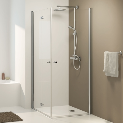 Eckdusche in Maßanfertigung, Typ 5005250, Pendeltür & Dreh-Falt-Tür, Alu Silber