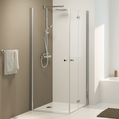 Eckdusche in Maßanfertigung, Typ 5005251, Pendeltür & Dreh-Falt-Tür, Alu Silber